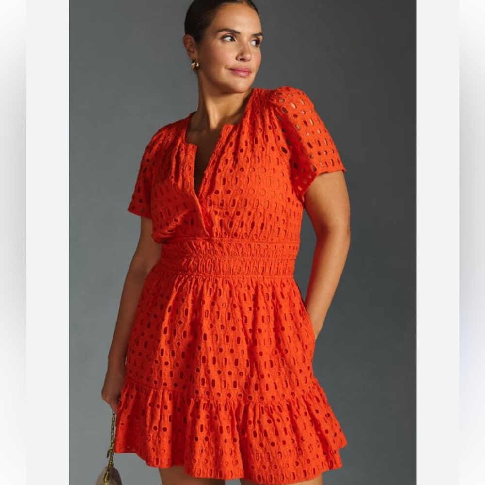 Anthropologie The Somerset Mini Dress: Eyelet Hot Bright Coral Orange NWOT